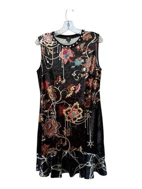 Dark Floral Velvet Pearl Trim Dress Boho Romantic Size L